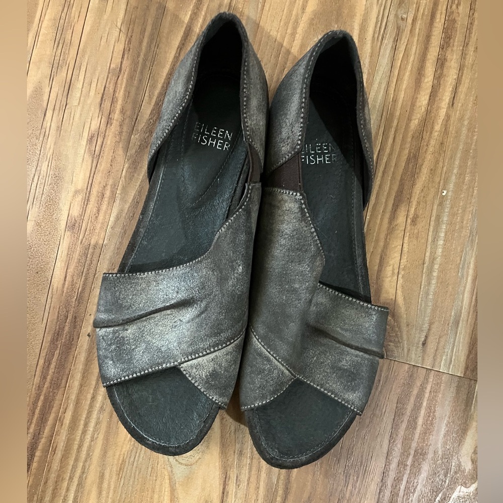 Eileen Fisher Dove Open Toe side Cut Out Summer Leather Shoes grayish brown